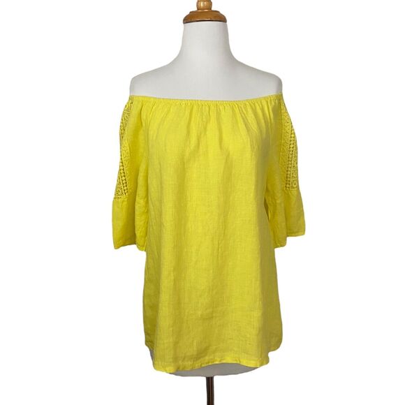 Terzo Millennio Yellow Linen Top Blouse Women Size S Open Shoulders Relaxed Fit - Picture 2 of 14